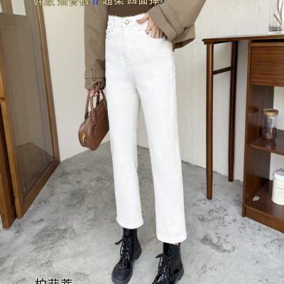 2025冬装新品加厚白色牛仔裤高弹