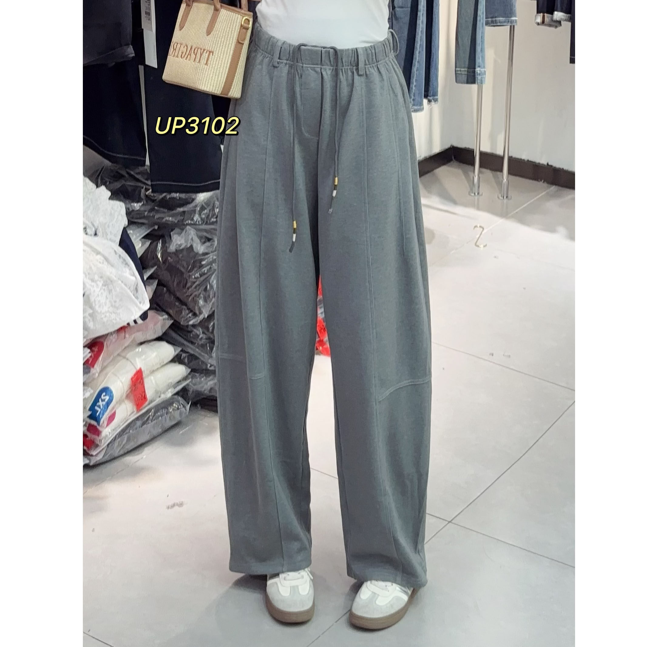 灰色弯刀裤~UP3102春装新品加肥加大高腰弹力运动裤子女秋装新品