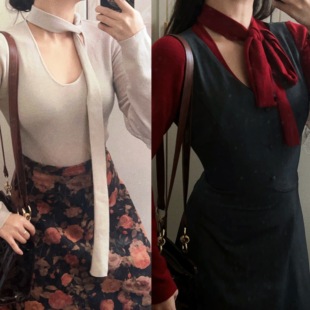 打底百搭 羊毛桑蚕丝绑带围巾复古针织衫 致卡萝自制 予我珍藏