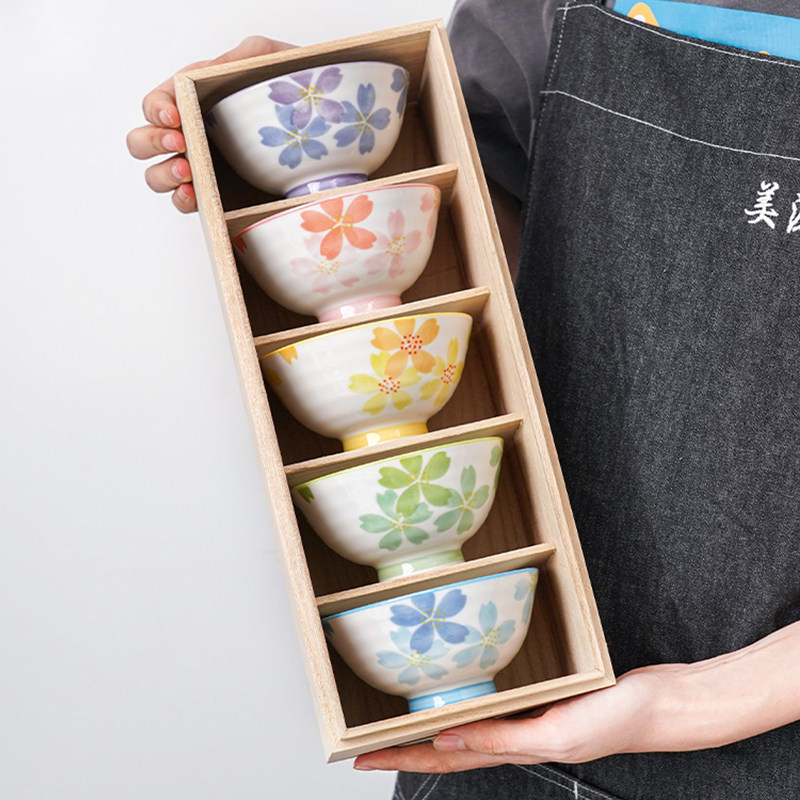 美浓烧日式釉下彩五彩樱花饭碗日式陶瓷餐具套装家用小碗礼盒装