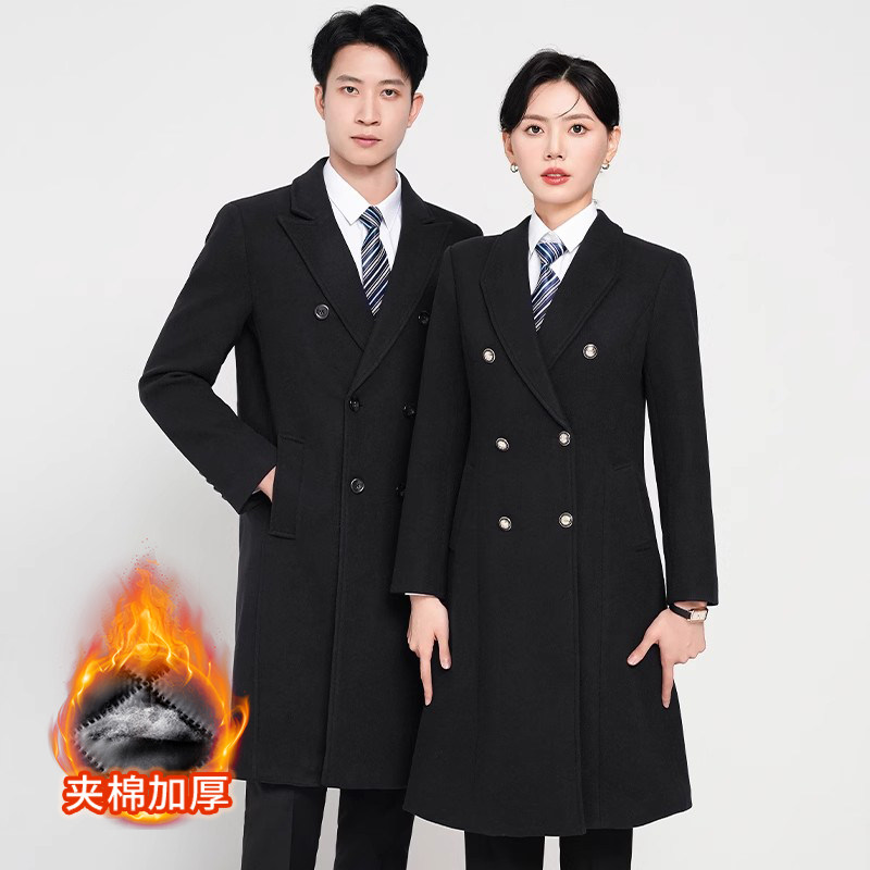 黑色职业毛呢西装套装女秋冬季加厚中长款大衣外套银行酒店工作服