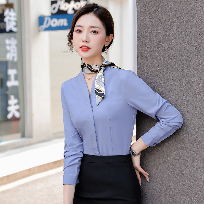 灰色衬衫女春秋装长袖职业正装2025年新款空姐制服上衣V领白衬衣