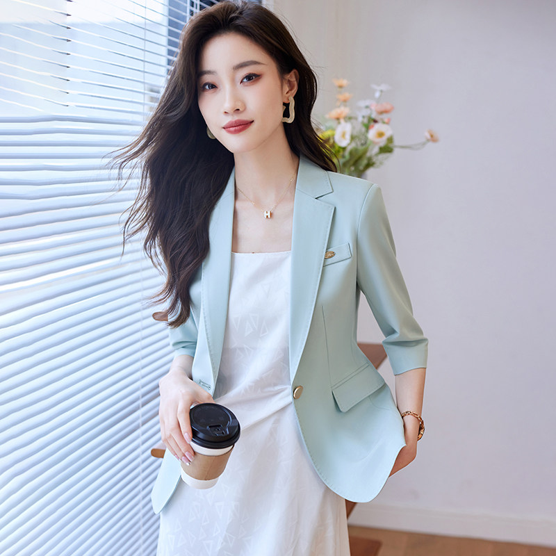 蓝色西装外套女夏季薄款七分袖2026新款休闲西服职业两件套装裙子