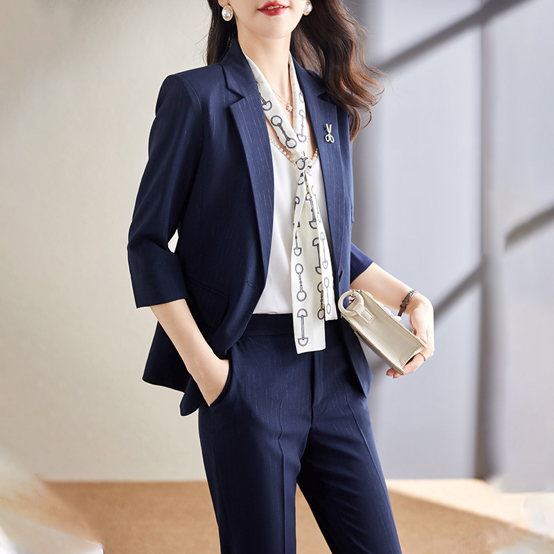 藏青色西装外套女夏季2026新款工作服职业正装七分袖薄款西服套装