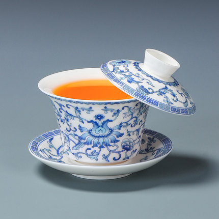 羊脂玉缠枝莲三才盖碗茶杯可悬停旋转青花单个高档白瓷带盖泡茶杯