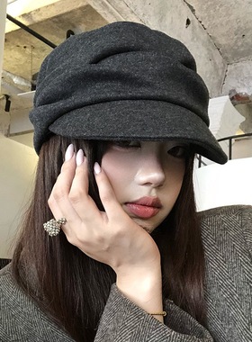 日系山本风黑色褶皱贝雷帽女秋冬季显脸小马术帽复古云朵八角帽子