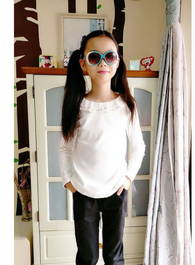 N284 b 高品质 美单女童长袖 荷叶领T恤 6-14岁 衬衫