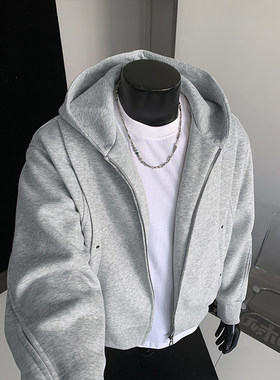 500g重磅灰色开衫卫衣男款春秋季美式廓形外套cleanfit短款连帽衫
