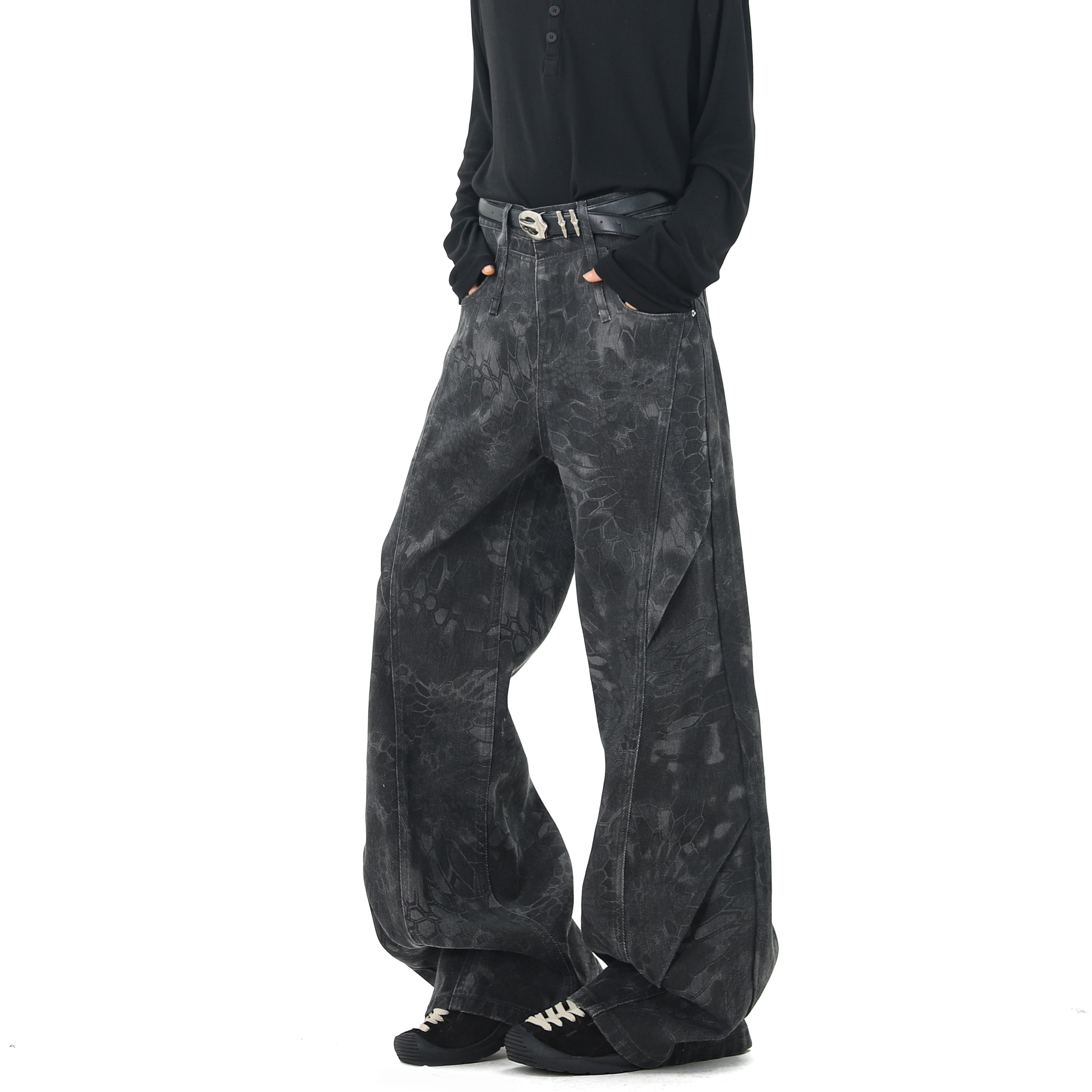 2025冬季黑色印花拼接褶皱设计宽松牛仔裤高腰宽松垂感直筒阔腿裤,男装,休闲裤,淘宝优惠券,粉丝福利购,淘宝优惠卷