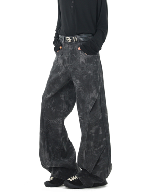 2025冬季黑色印花拼接褶皱设计宽松牛仔裤高腰宽松垂感直筒阔腿裤