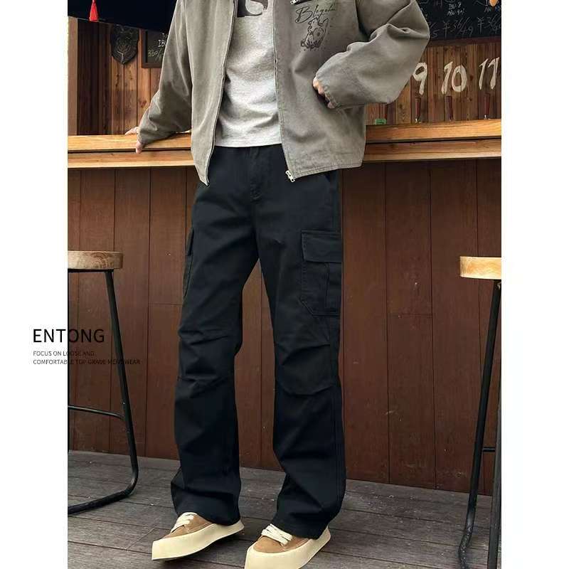 美式复古加绒宽松直筒工装裤男