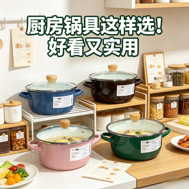 日式双耳搪瓷锅22cm 3L加深汤锅 炖肉熬汤高颜值大容量熬粥煮面锅