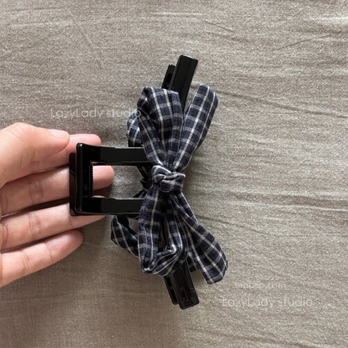 藏蓝格子蝴蝶结抓夹 内含铝丝可扭动 盘发夹子后脑勺鲨鱼夹女