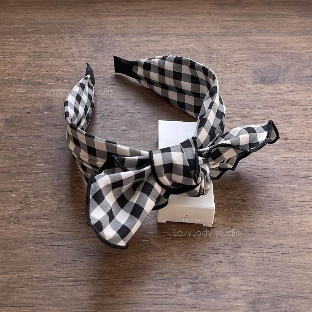 清！原23 高货精致蝴蝶结姜妍同款蝴蝶结格纹发箍 黑格子头箍