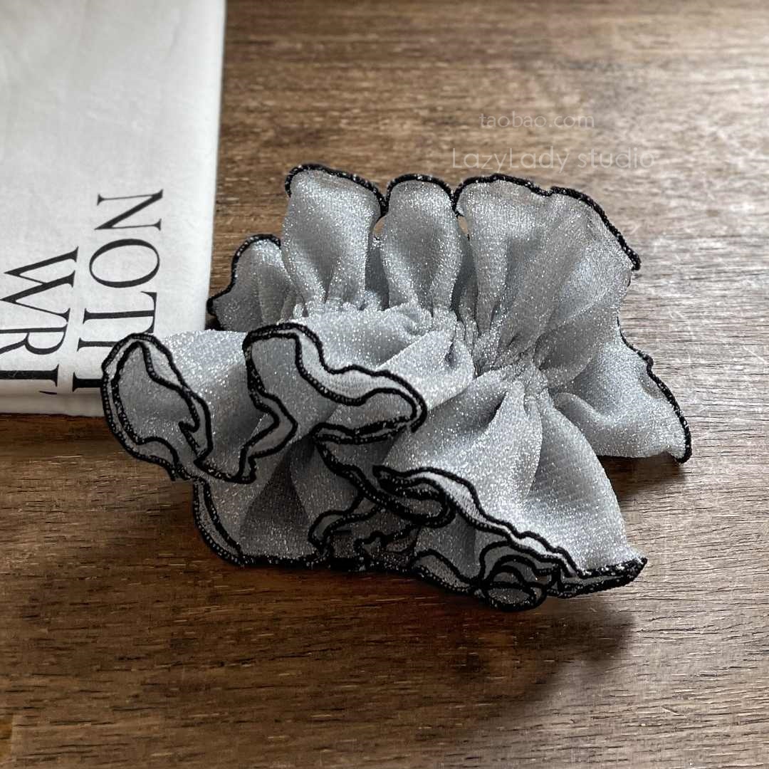 清！原30 时髦甜酷银灰双层网纱蕾丝大肠发圈 银丝满天星蓬蓬头花