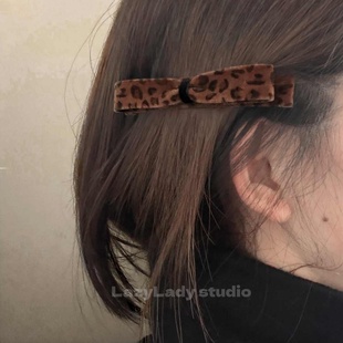 复古丝绒豹纹蝴蝶结弹簧夹 秋冬百搭时髦发夹侧边发夹钢夹发卡