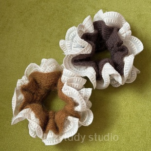 秋冬温柔针织蕾丝荷叶边发圈 韩系复古毛线头花马尾丸子头肠圈女