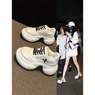 女2026新款 软牛皮 赵露思同款 8CM十字花休闲老爹鞋 厚底增高运动鞋