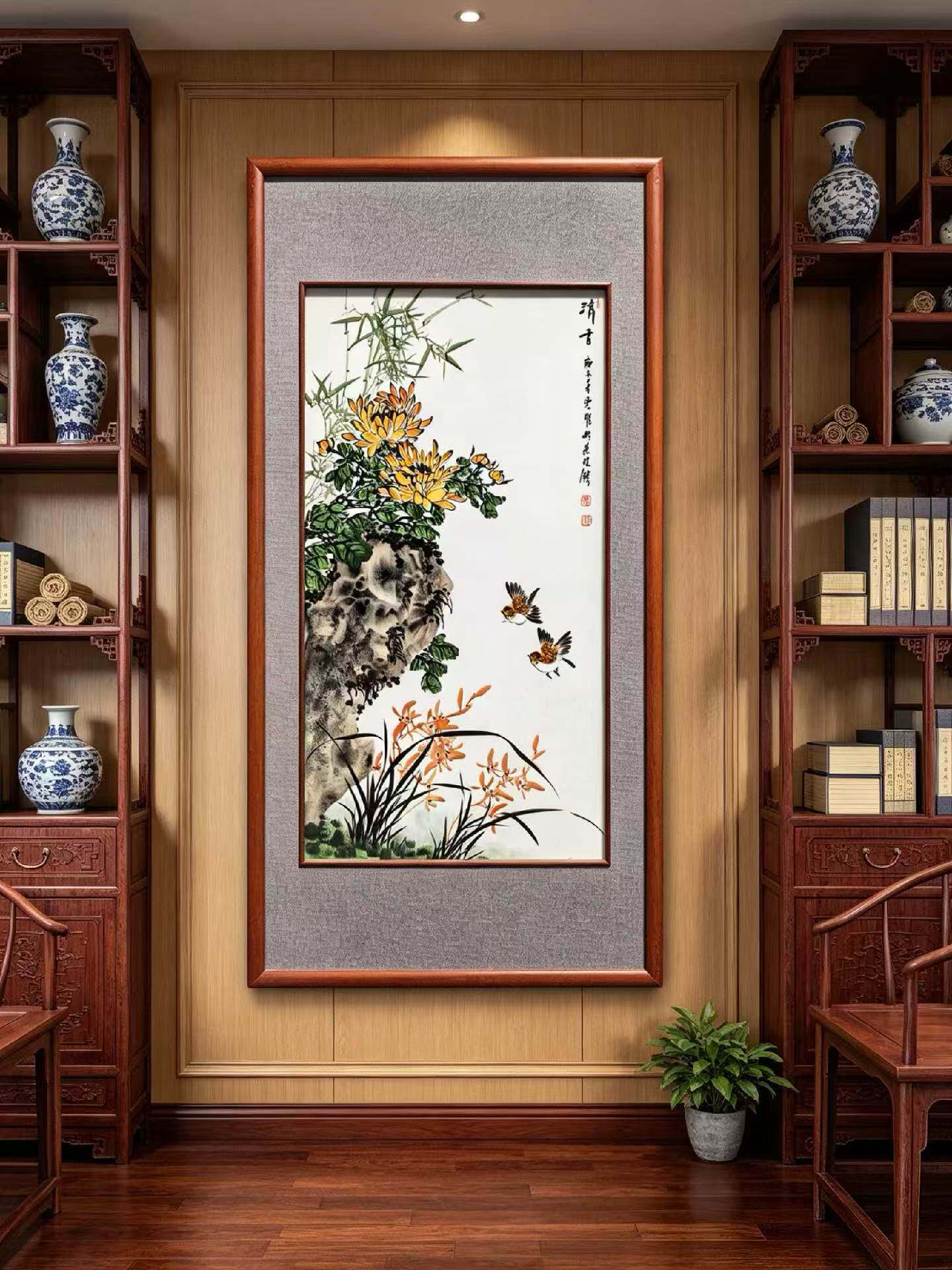 景德镇手绘青花瓷板画菊花图
