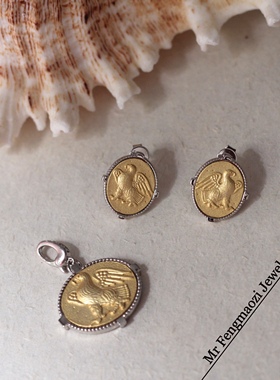 S925通体银亚金色椭圆雄鹰古币吊坠