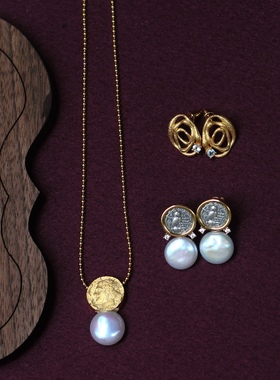 S925银镀真金水泽仙女古币圆珠抽拉调节天然巴洛克纽扣珍珠项链