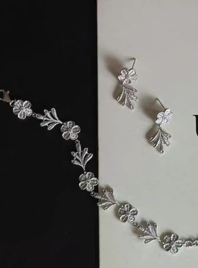 S925银镀金手工刺绣质感花朵叶子拼接手链花园蕾丝手链套装