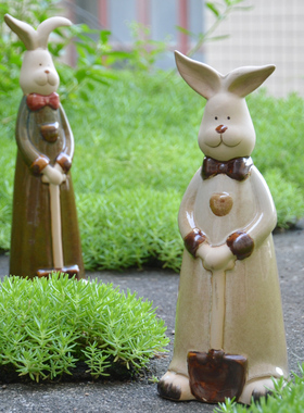 外贸田园可爱动物小白兔陶瓷生肖兔子桌面花园摆件情侣生日礼物