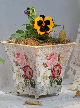 法式复古贴花纸铁皮桶花桶异形角堇花盆客厅花园庭院花卉装饰套盆