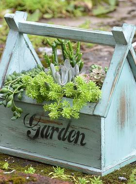 多肉花盆花篮 美式复古做旧木质花盆鲜花干花插花花器绿植小篮子