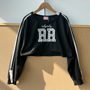 2A-91儿童款圆领蕾丝刺绣拼接装设卫衣美式长袖甜酷风慵懒Y26-1