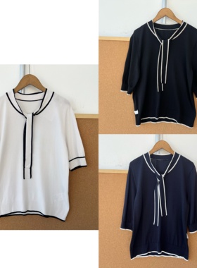 2T1-6自带凉感针织衫飘带装饰百搭舒适气质休闲短袖上衣J25-10