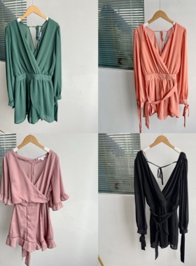 2I1-6优雅气质深V领系带长袖+短袖收腰显瘦百搭松紧腰连体裤H25-8