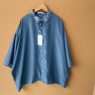 80夏季 H25 时尚 衬衫 气质领口刺绣印花宽松百搭舒适休闲短袖 楼7