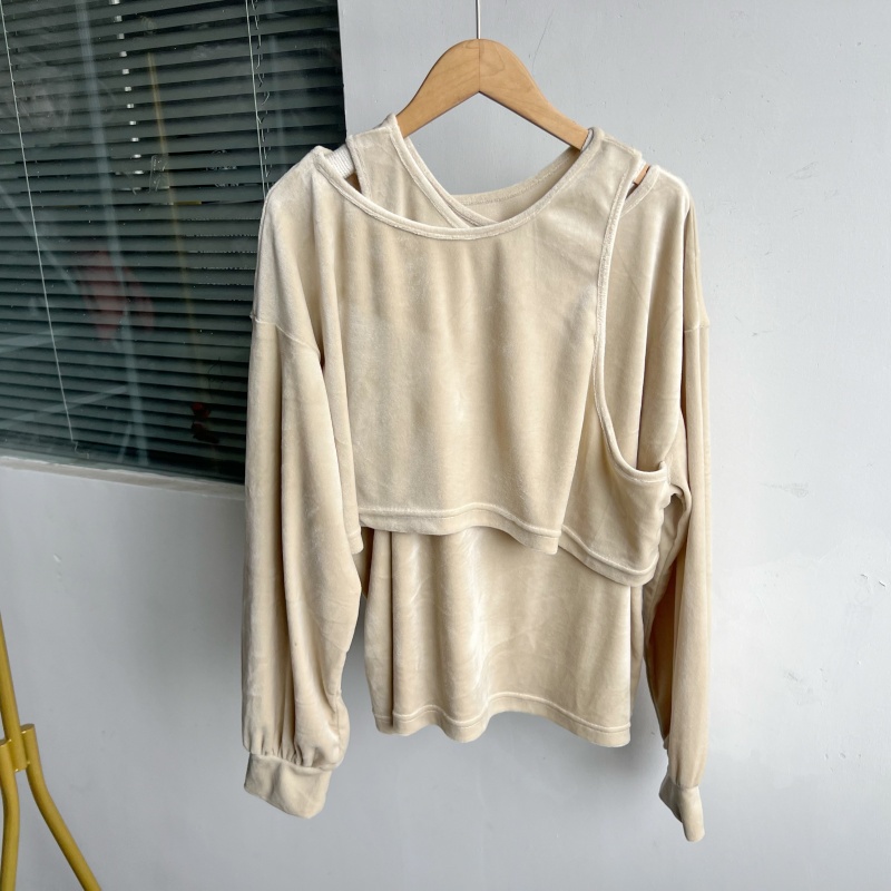 2P-9纯色长袖春秋季假两件长袖韩系高级感独特宽松显瘦上衣Y25-7