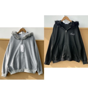 南5-40春秋连帽毛领韩系短款胸前小烫钻字母慵懒风卫衣外套H26-2