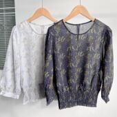 上衣H10 七分袖 微瑕春秋新款 宽松舒适收腰圆领套头碎花雪纺衬衫