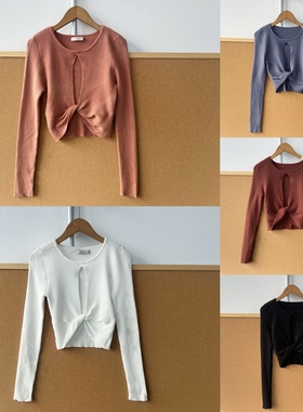 楼6A-53多巴胺温柔辣妹系针织T恤镂空交叉扭结修身显瘦上衣Z25-10