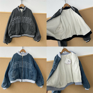 3K-42学生党加绒牛仔棒球服秋冬季加厚保暖复古外套T26-4