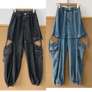 2U1-74儿童设计感带亮钻大口袋工装牛仔裤女松紧腰潮酷长裤T26-6
