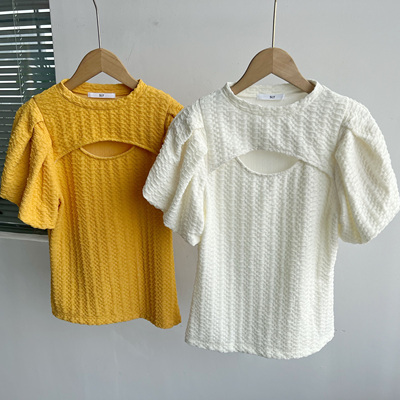 2A-10夏款小众设计胸前镂空凹凸肌理感泡泡袖甜美辣妹显瘦D25-4