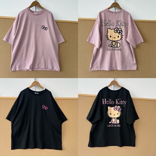 A4-133女士夏季大码宽松可爱卡通猫猫印花圆领短袖T恤慵懒风Y26-5