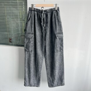 H26 大口袋阔腿直筒牛仔裤 雪花水洗做旧宽松舒适工装 216韩版