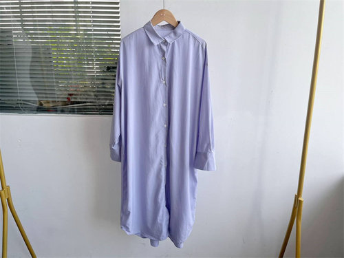 微瑕长款连衣裙韩版春夏季纯色慵懒风中长袖宽松显瘦衬衣翻领Y7