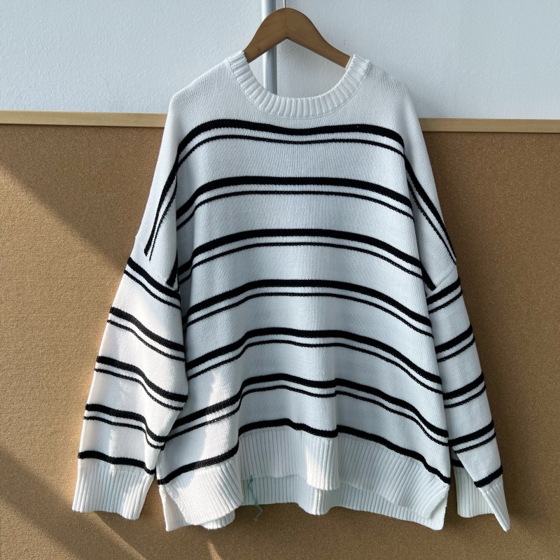 2L1-67秋冬新款韩版显瘦百搭条纹圆领套头毛衣松弛风针织衫Z25-11