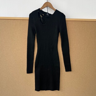 楼7-93性感镂空长袖修身纯色中长款针织连衣裙设计感高级感Y26-3