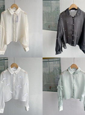 2Y-8夏薄款纯色翻领珍珠蝴蝶结系带淑女气质时尚百搭短上衣Z25-6