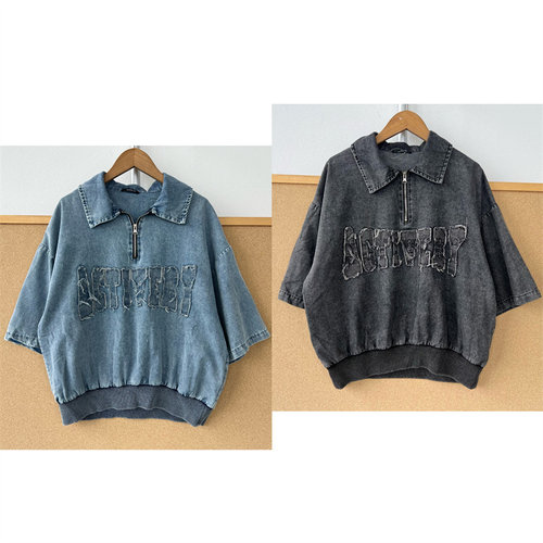 2S-338美式街头毛边贴布牛仔短袖T恤女翻领半拉链短款上衣T26-7