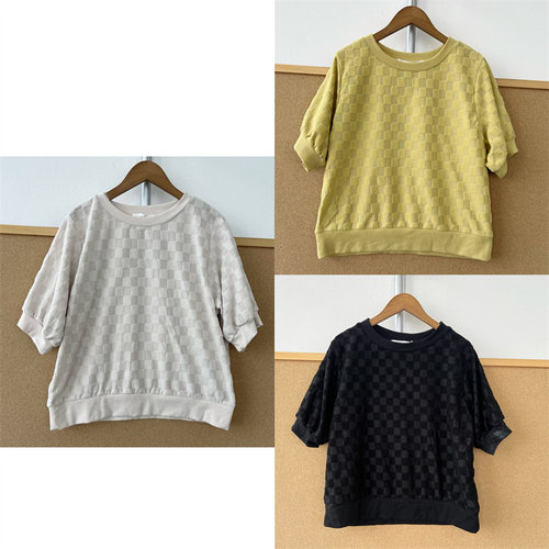 3Q-6肌理感方格立体棋盘泡泡中袖T恤女温柔百搭短款上衣T26-5