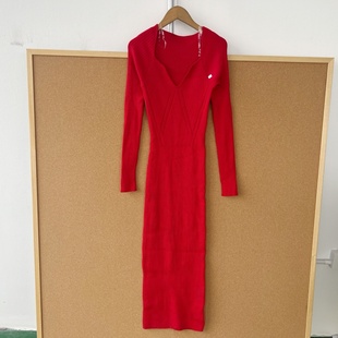 气质针织连衣裙V领设计感高级Y25 2u1 复古纯色修身 法式 19秋季