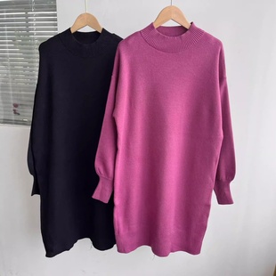 西4-59半高领针织连衣裙秋冬显瘦宽松长袖内搭打底裙慵懒风Y26-1